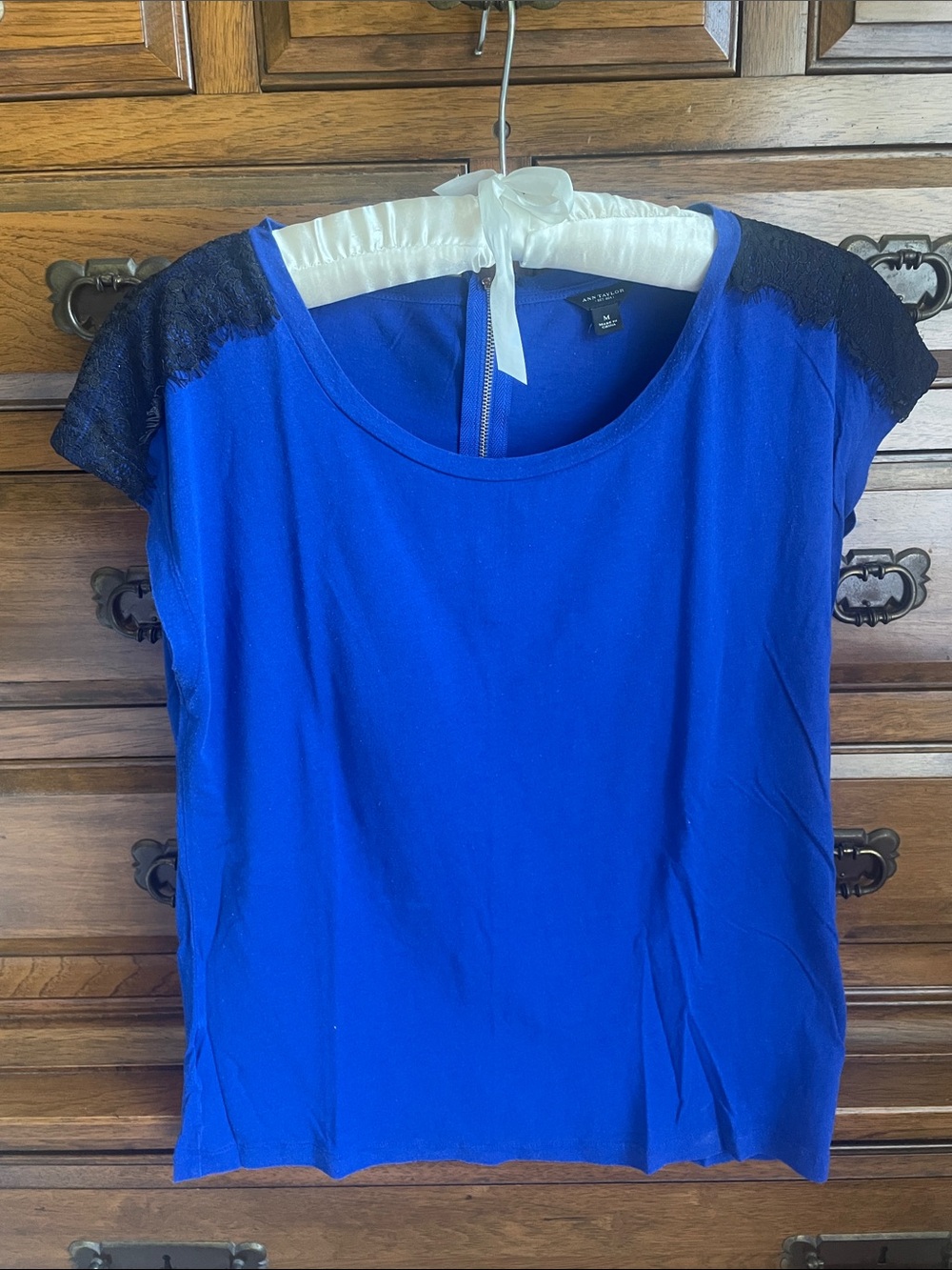 Ann Taylor Women's Cobalt Blue Cap Sleeve Top with Black Lace Trim
